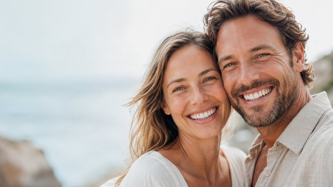 Happy couple smiling after cosmetic dentistry treatment