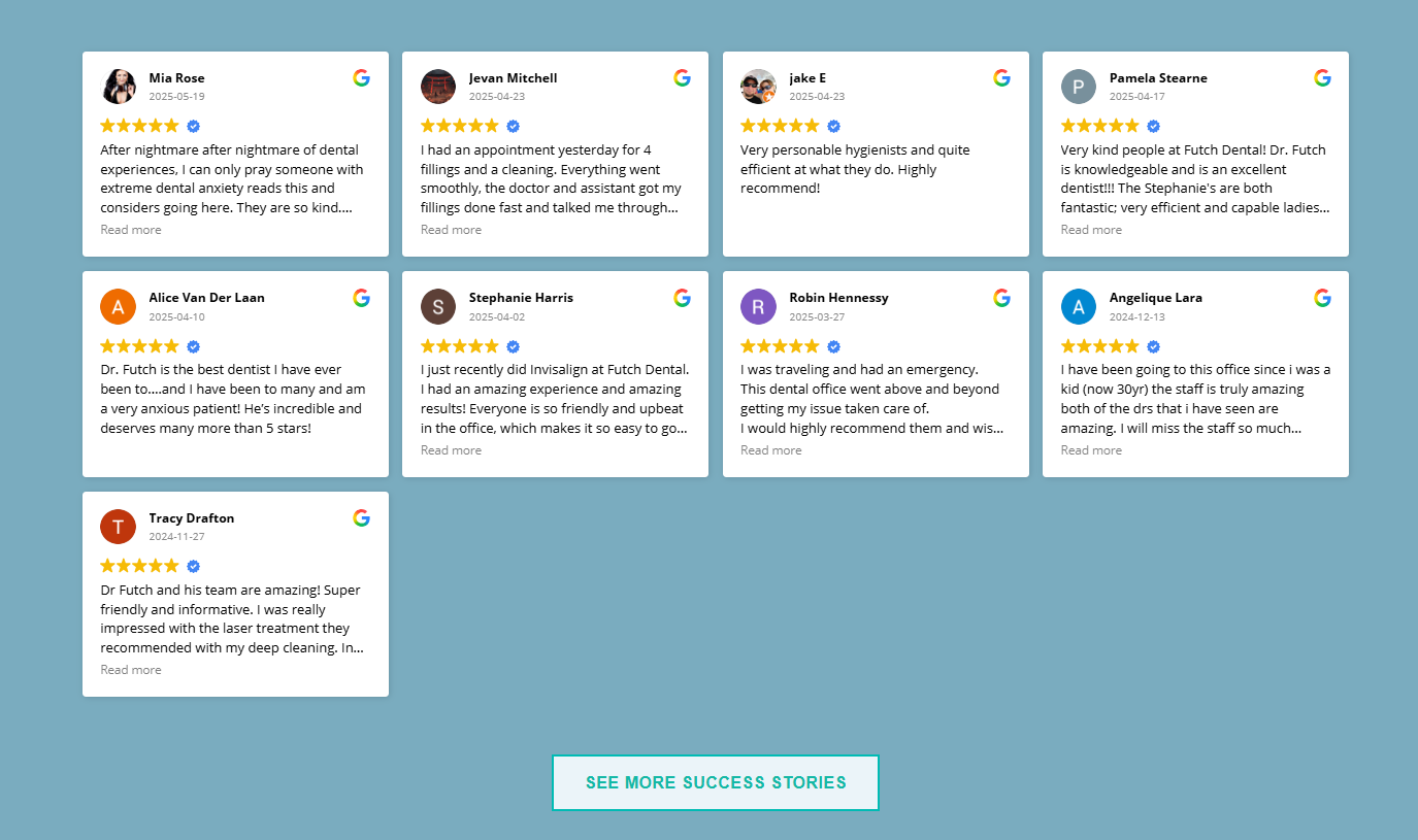 Futch Dental patient review badges and ratings
