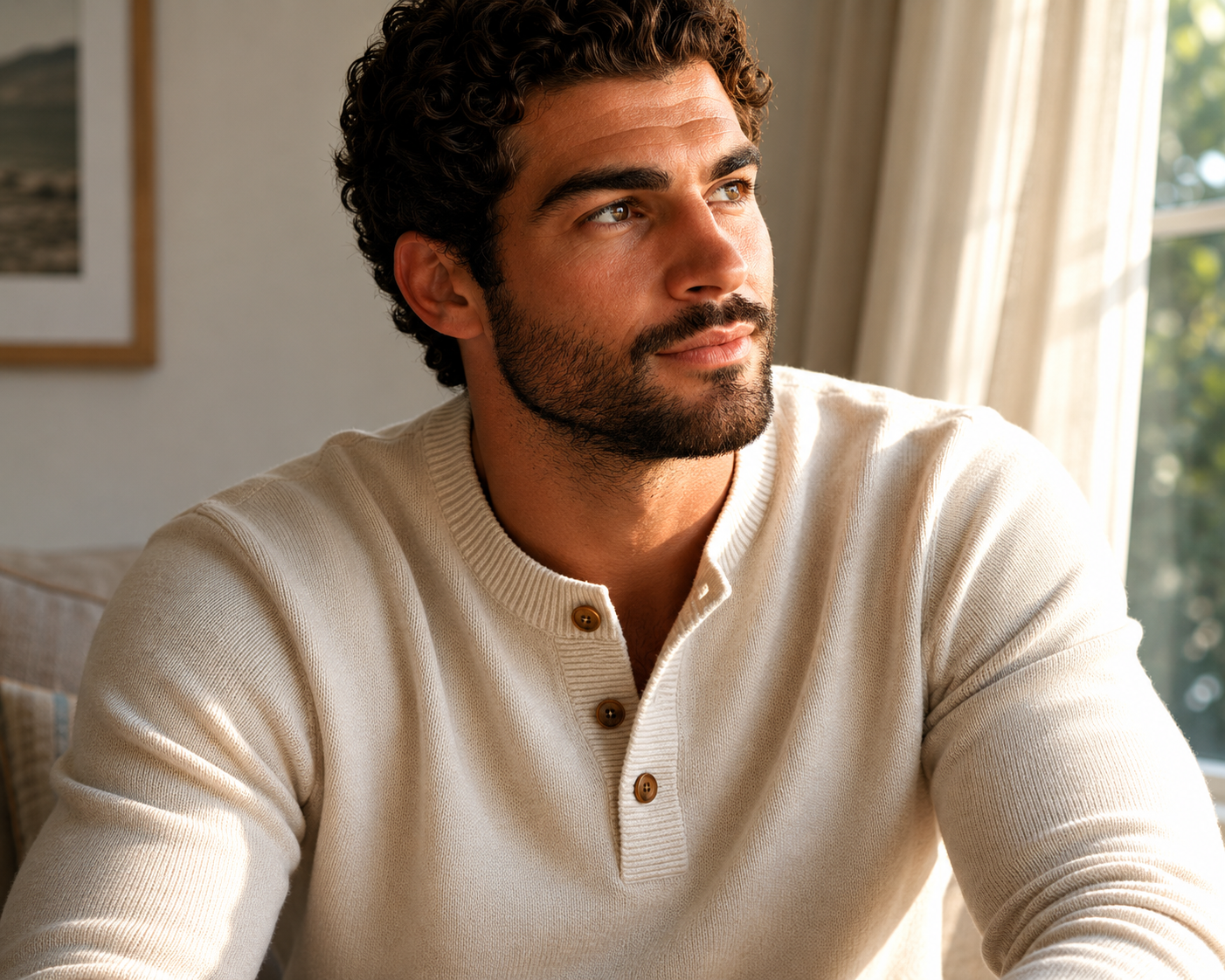 A man at home, calm and considered