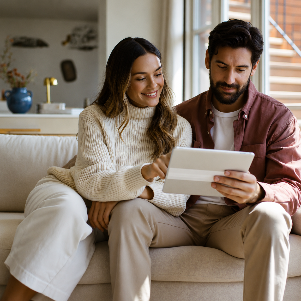 A couple at home reviewing their plan together