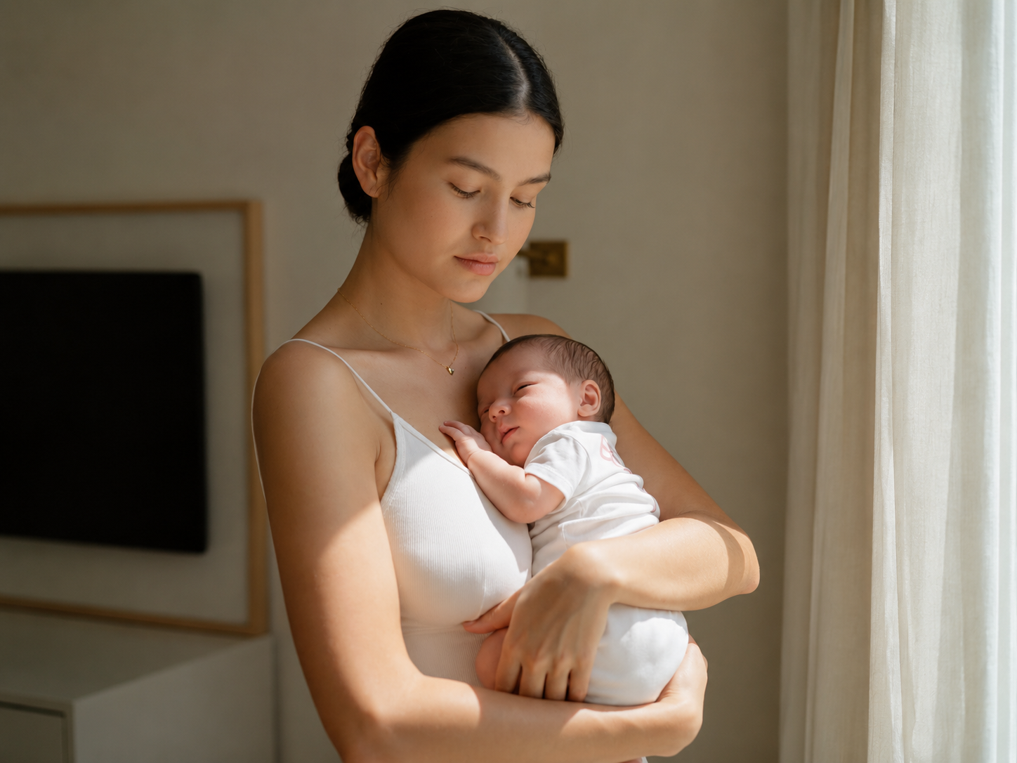 A mother holding her newborn at home